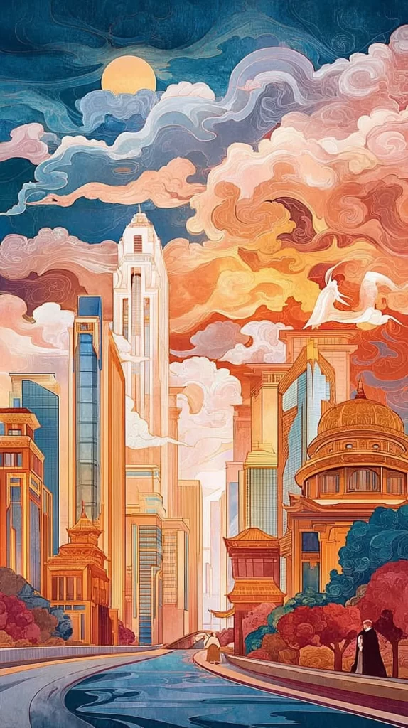 Cityscape Skyscrapers Traditional Architecture Clouds Sunset