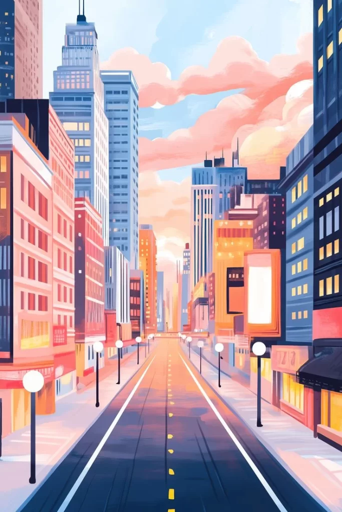 Cityscape Sunset Buildings Street Lights Artistic