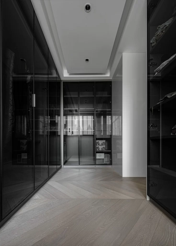 Closet Contemporary Black Glass Neutral Wood