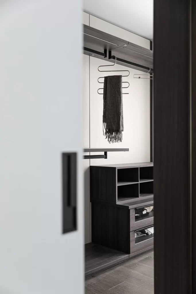 Closet Contemporary Dark Wood Neutral Tones Open Shelving