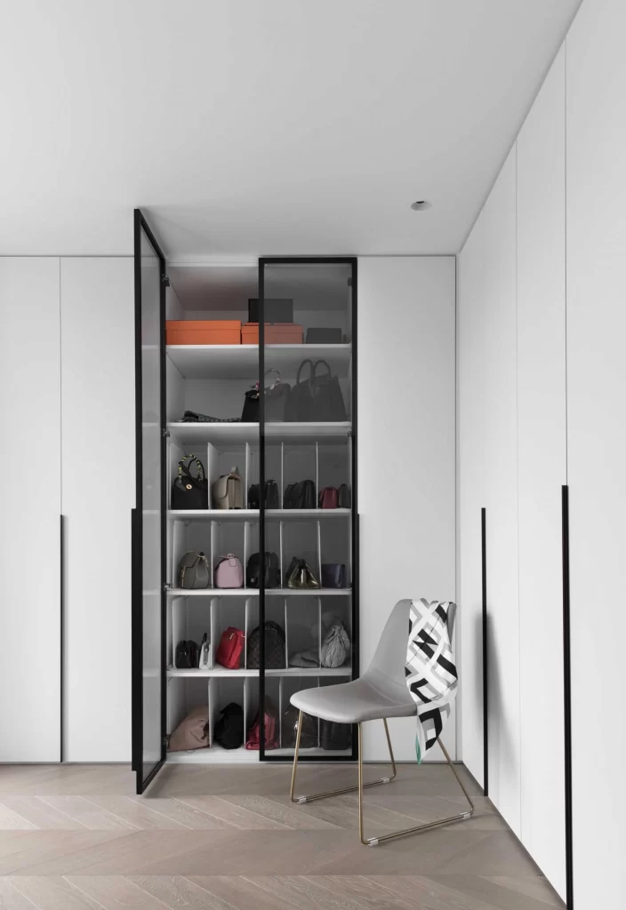 Closet Contemporary White Neutral Glass Door Open Shelving