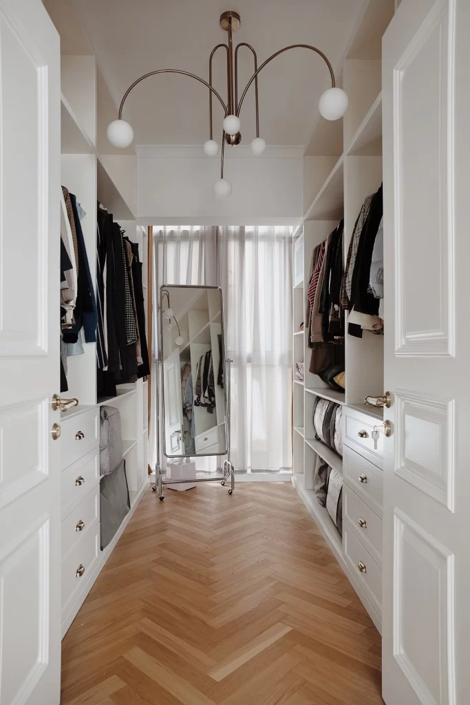 Closet Walk-In White Neutral Wood Herringbone Pattern