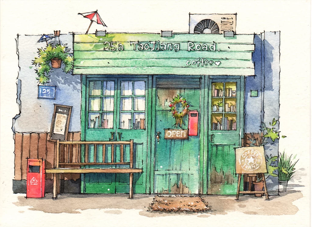 Coffee Shop Watercolor Street Scene Green Door Bench Mateusz Urbanowicz