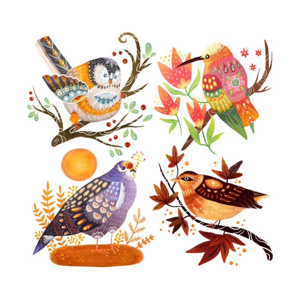 Colorful Birds Nature Branches Flowers