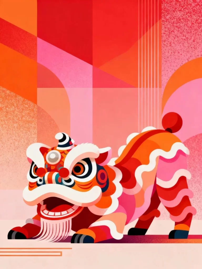Colorful Lion Dance Illustration Red Orange Pink