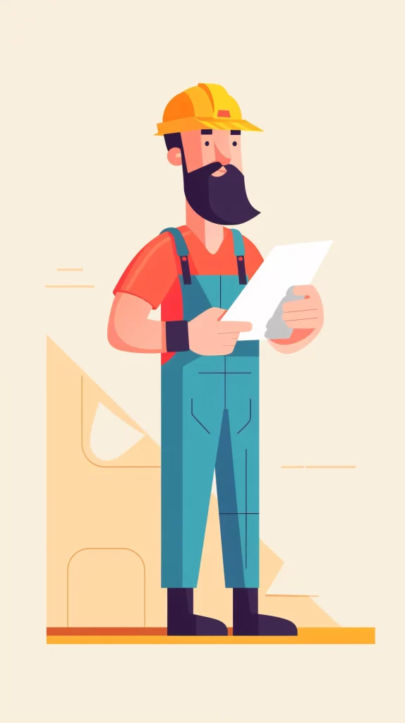 Construction Worker Yellow Helmet Blue Overalls Flat Illustration