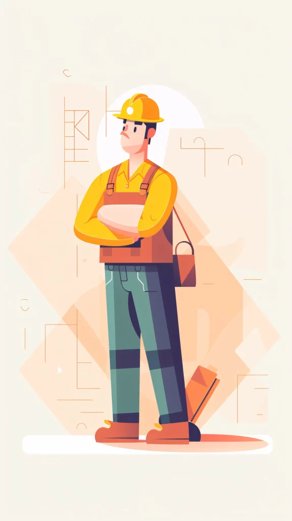 Construction Worker Yellow Helmet Orange Vest Green Pants Flat Illustration