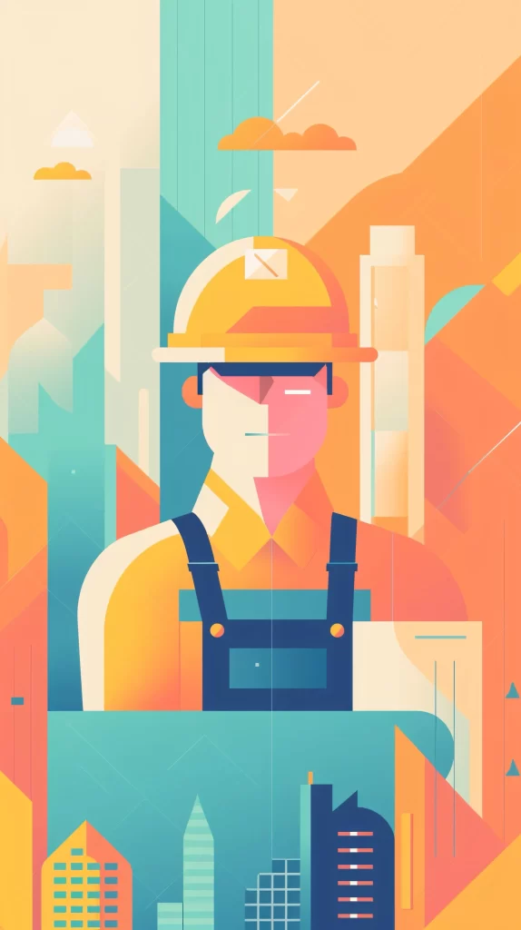 Construction Worker Yellow HardHat Buildings Geometric Flat