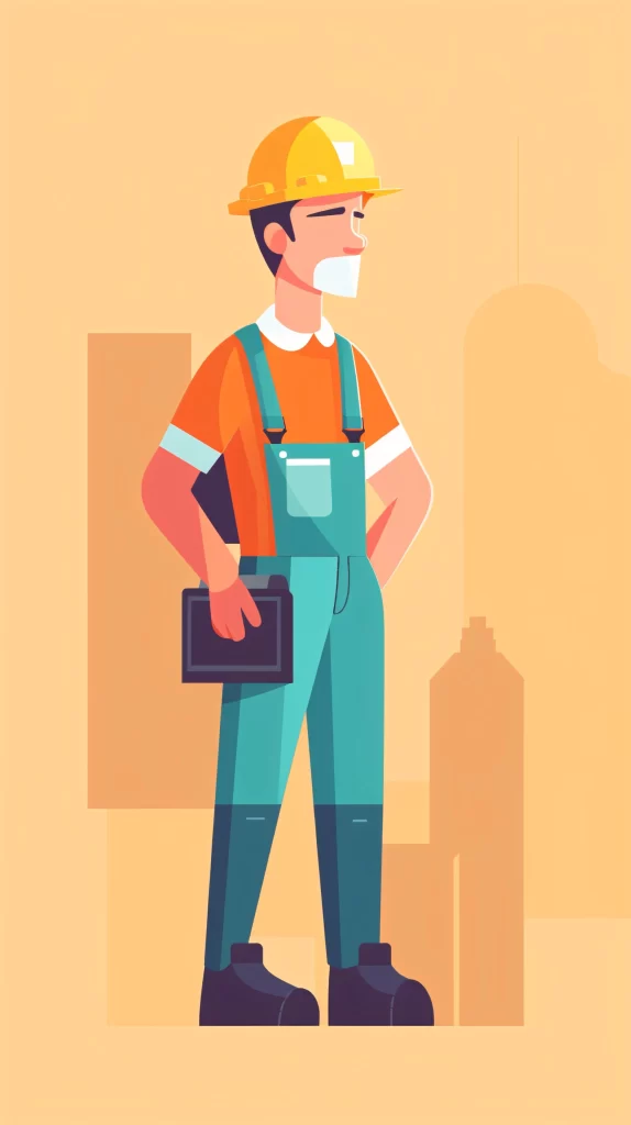 Construction Worker Yellow Helmet Orange Green Overalls Flat Illustration