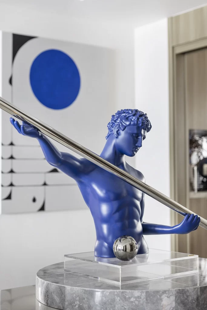 Contemporary Artistic Blue Sculpture Neutral Tones Geometric Patterns