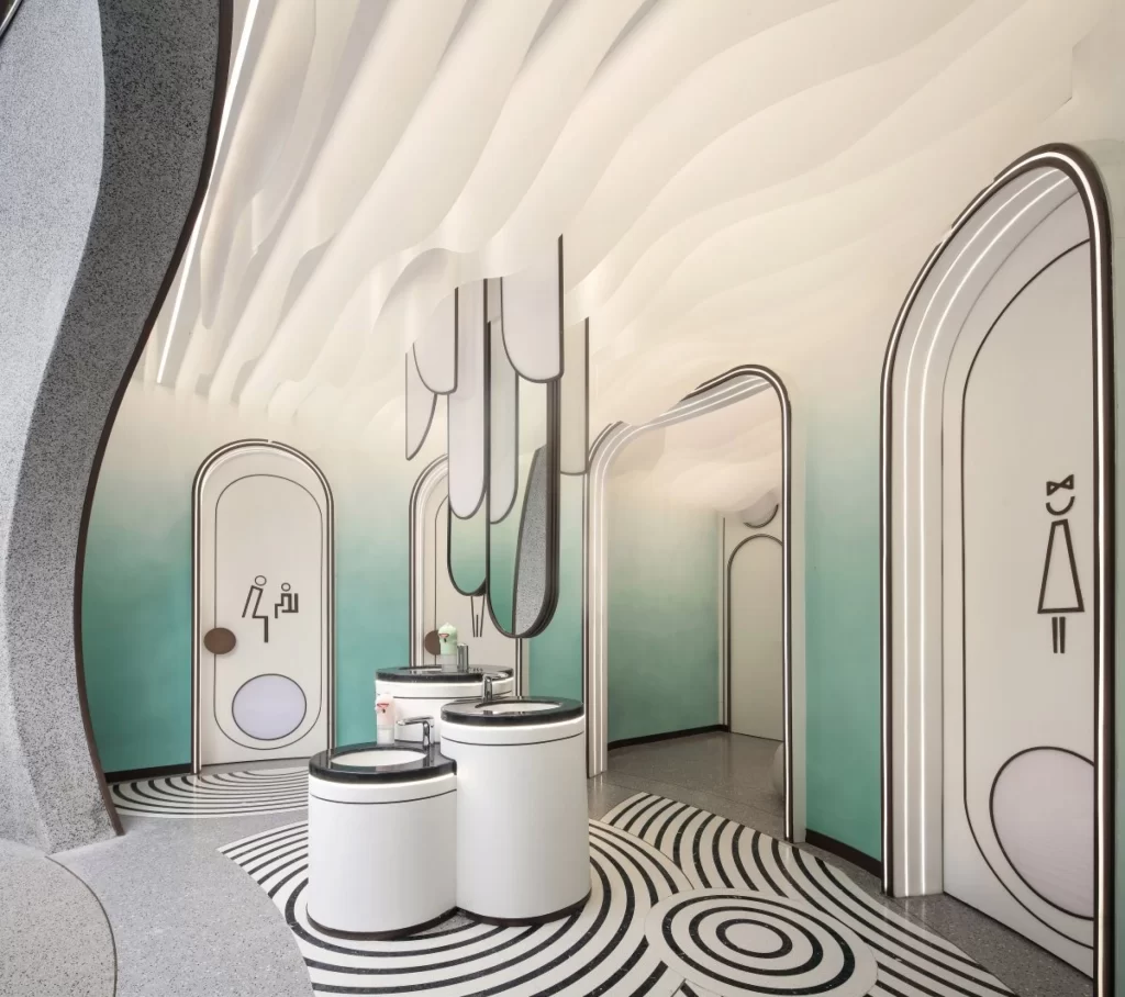 Contemporary Bathroom Soft Pastel Black White Geometric Patterns