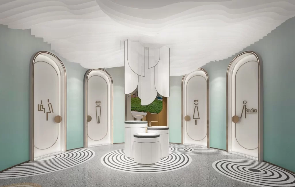 Contemporary Bathroom Soft Pastel Neutral Tiled Floor Geometric Patterns