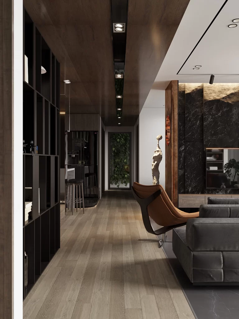 Contemporary Chic Living Space Dark Wood Neutral Tones Modern Artistic