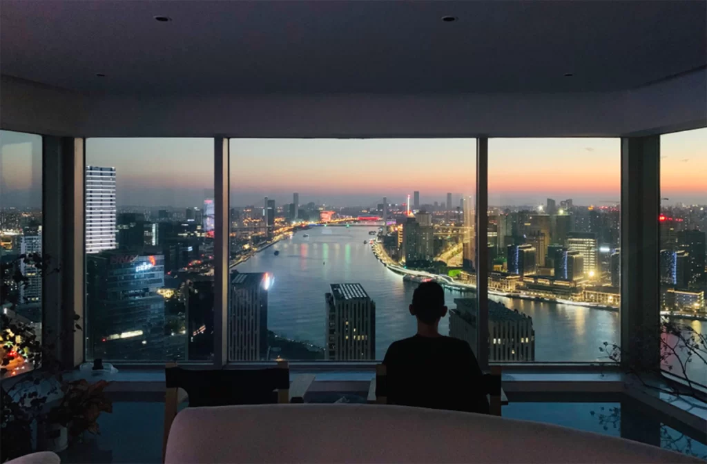 Contemporary Cityscape View Highrise Panoramic Windows Neutral Tones