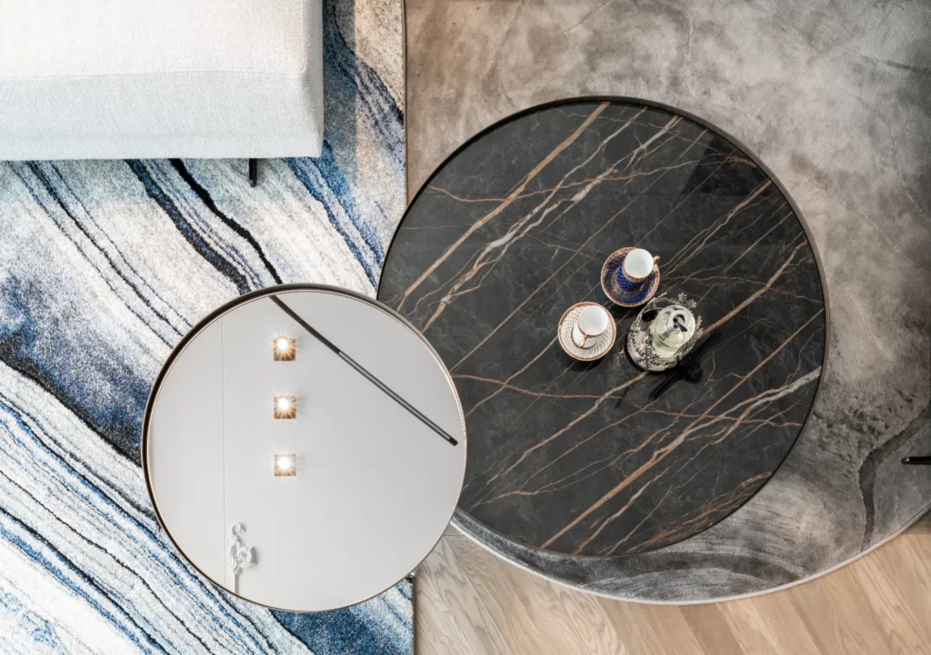 Contemporary Coffee Table Marble Blue Gray Patterned Rug