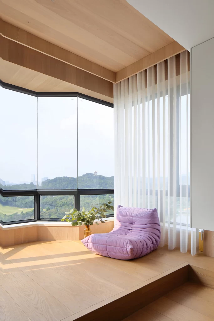 Contemporary Cozy Reading Nook Light Wood Purple Cushion Sheer Curtains Natural Light