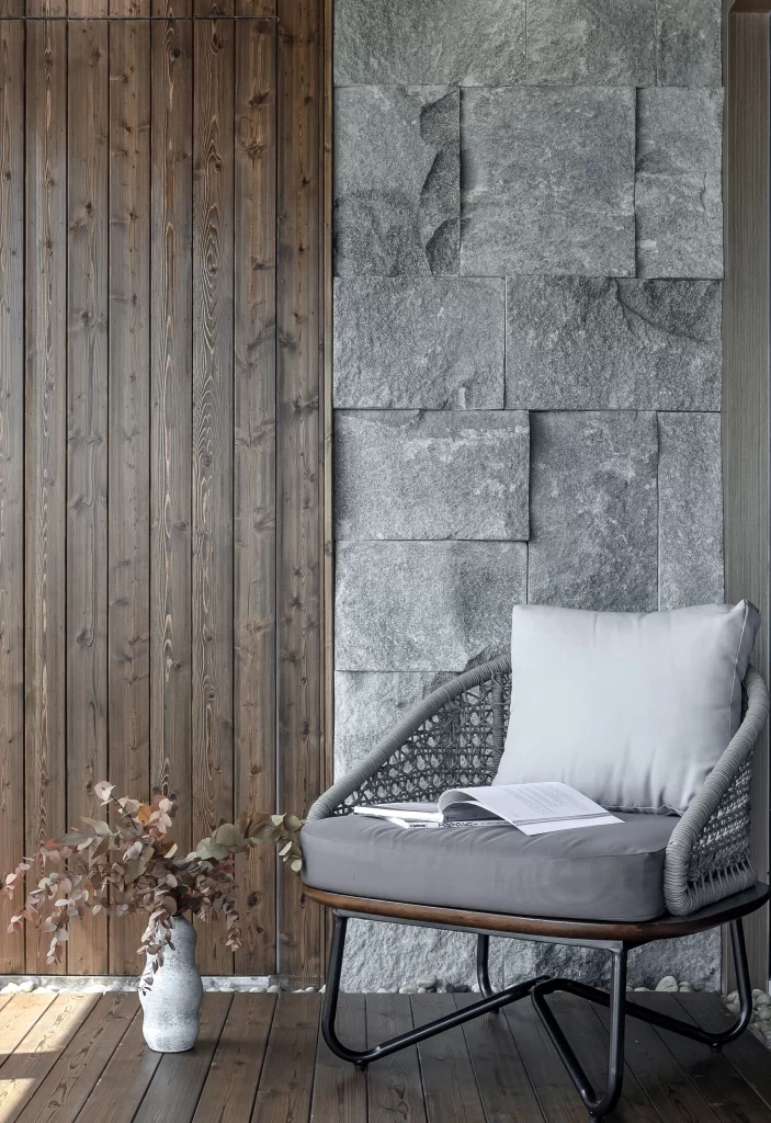 Contemporary Cozy Reading Nook Neutral Tones Wood Stone