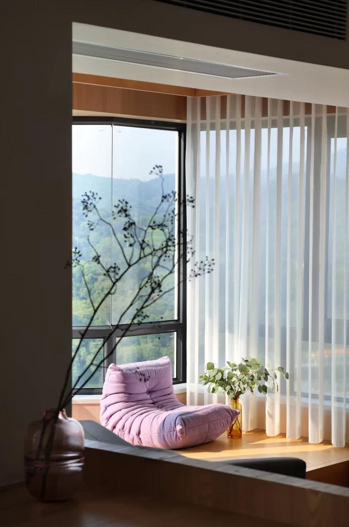 Contemporary Cozy Reading Nook Purple Soft Natural Light