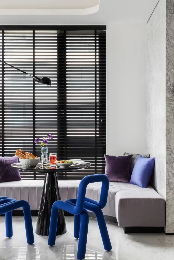 Contemporary Dining Area Purple Blue Black White Marble