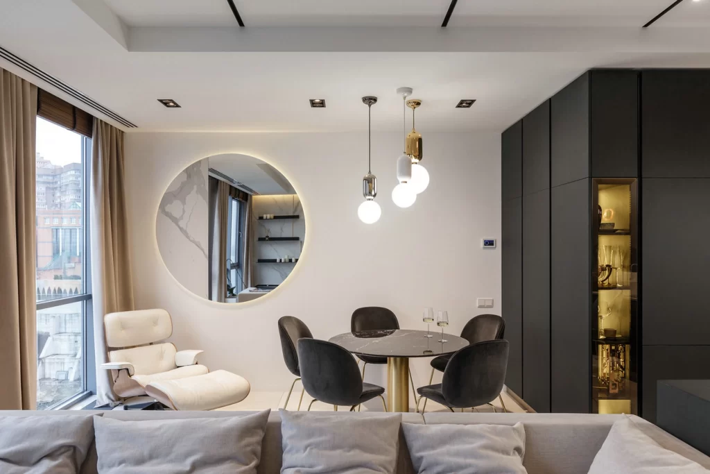 Contemporary Dining Room Black White Gold Round Mirror