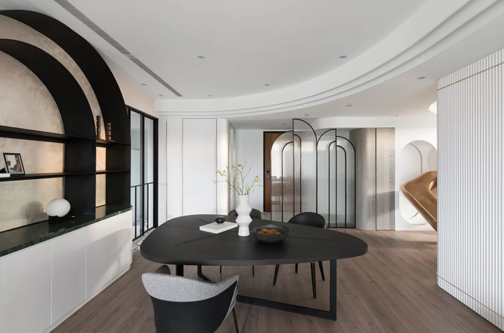 Contemporary Dining Room Black White Neutral Wood