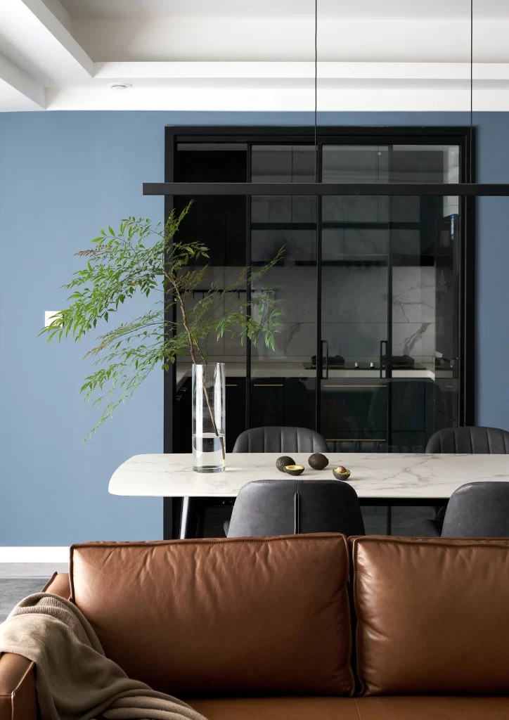 Contemporary Dining Room Blue Neutral Dark Wood