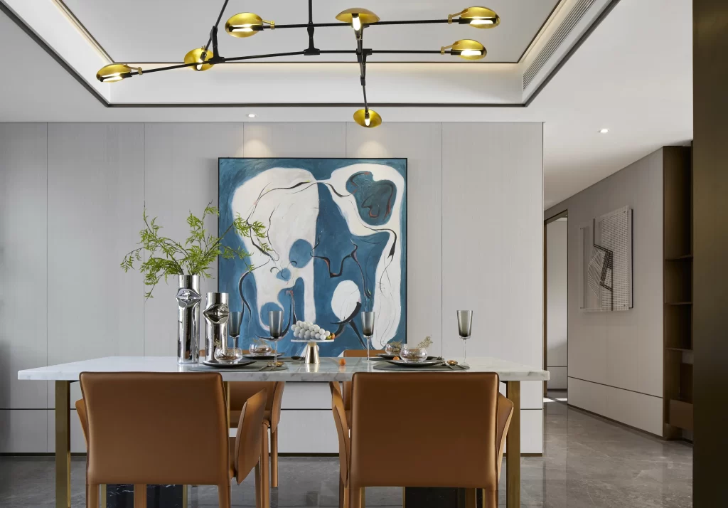 Contemporary Dining Room Blue White Gold Accents Artistic