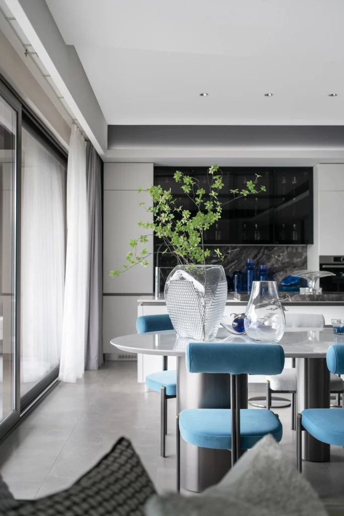 Contemporary Dining Room Blue White Minimalist Glass Accents