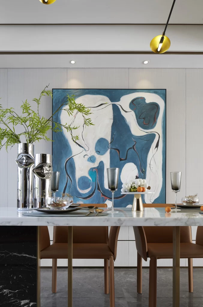Contemporary Dining Room Blue White Neutral Gold Accents