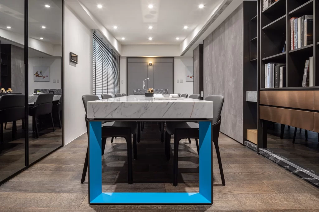 Contemporary Dining Room Blue White Neutral Marble