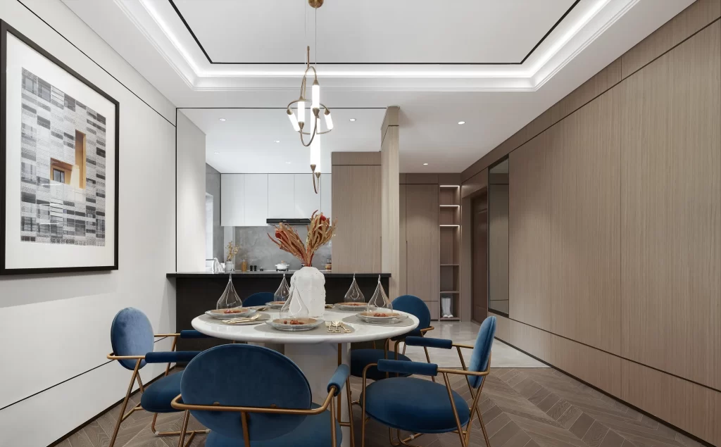 Contemporary Dining Room Blue White Neutral Wood