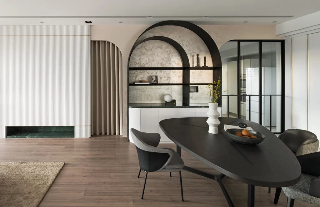 Contemporary Dining Room Neutral Tones Black Furniture Marble Accents