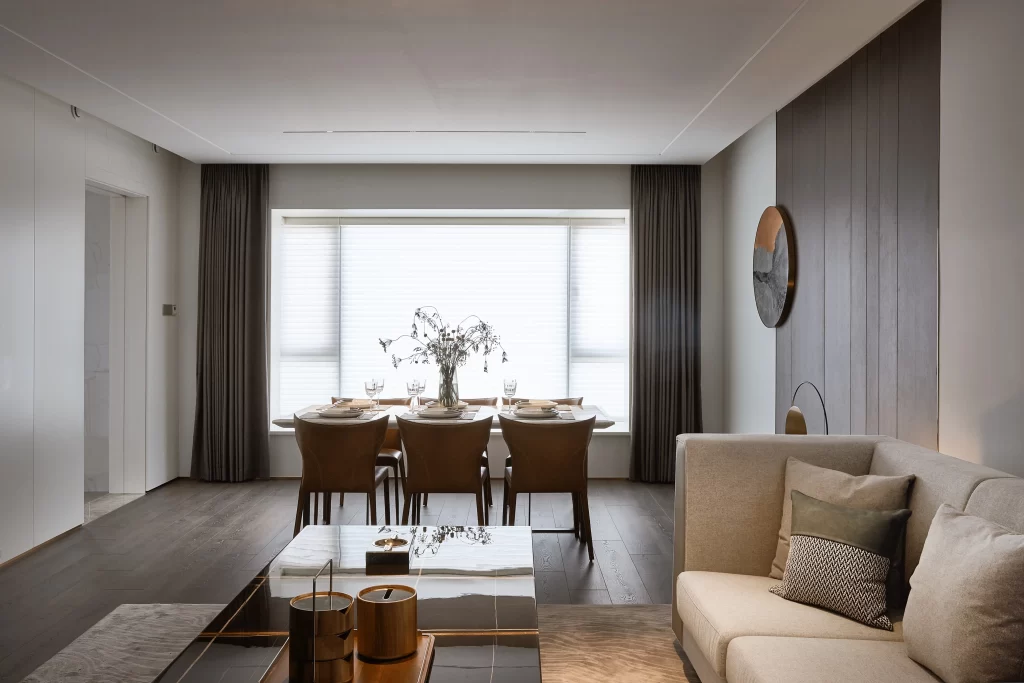 Contemporary Dining Room Neutral Tones Dark Wood Minimalist