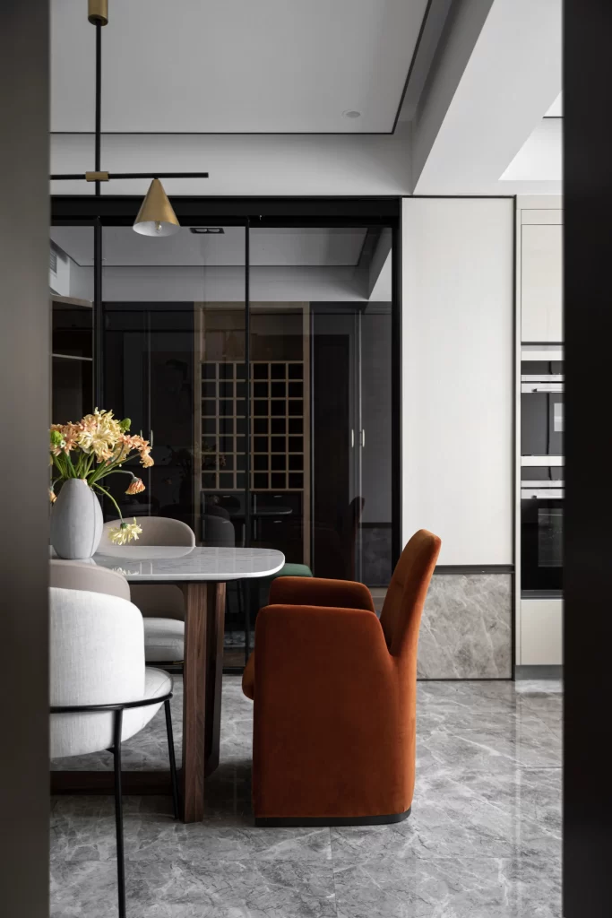 Contemporary Dining Room Neutral Tones Marble Floor Glass Doors