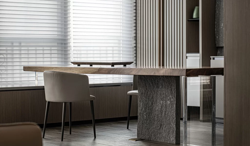 Contemporary Dining Room Neutral Tones Wood Stone Accents