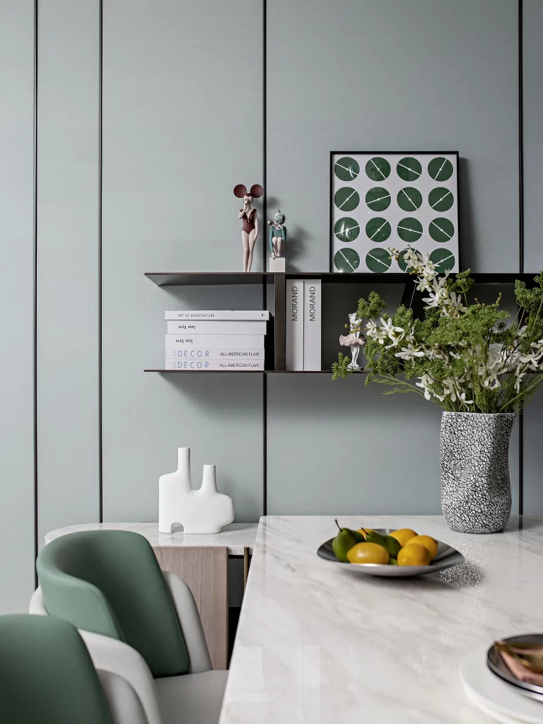 Contemporary Dining Room Soft Green White Marble Minimalist