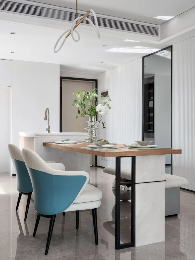 Contemporary Dining Room White Neutral Wood Accents Minimalist