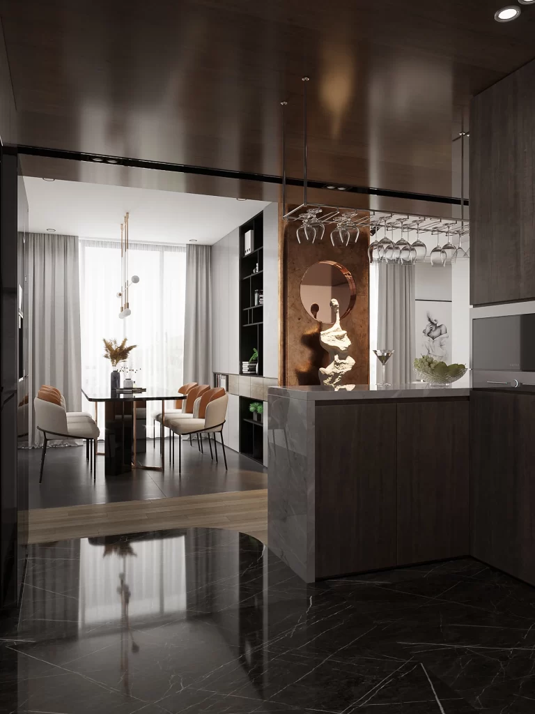 Contemporary Dining Space Neutral Tones Dark Wood Marble Accents