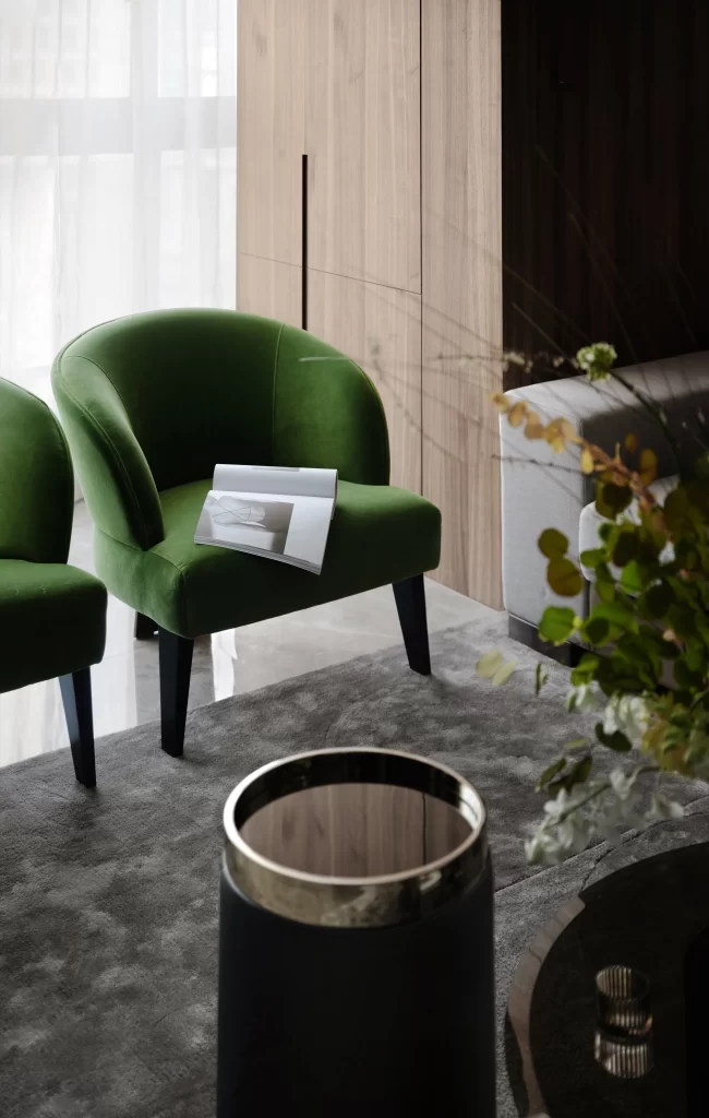 Contemporary Elegance Green Velvet Neutral Tones Minimalist