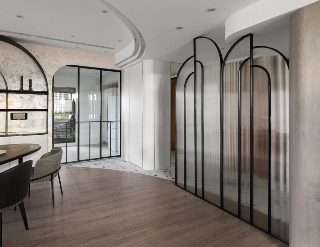 Contemporary Elegance Neutral Tones Glass Partition Wood Flooring
