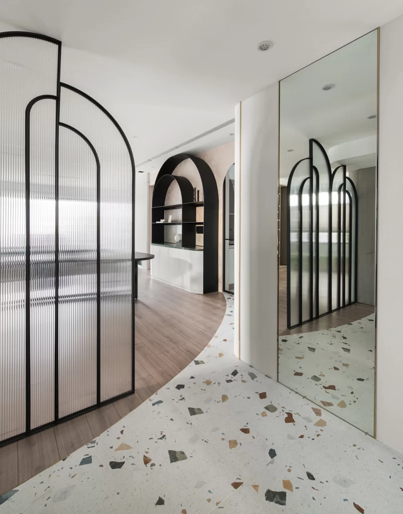 Contemporary Elegance Neutral Tones Terrazzo Flooring Glass Partition