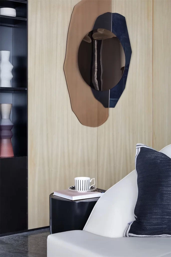 Contemporary Elegance Neutral Tones Wood Paneling Geometric Mirror