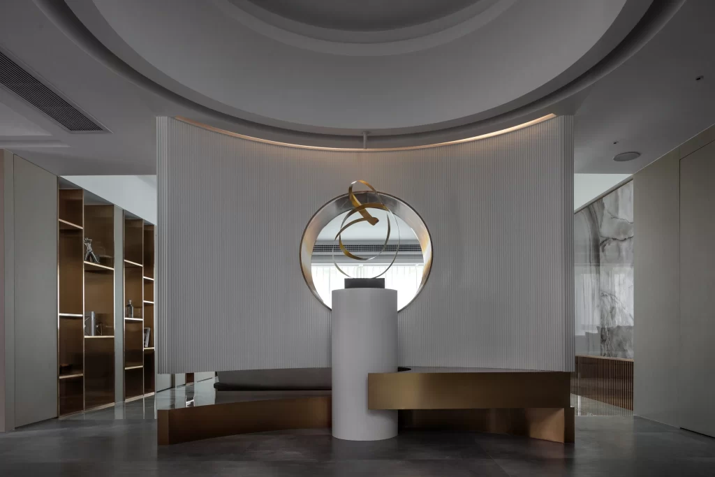 Contemporary Elegant Reception Area White Gold Accents Minimalist