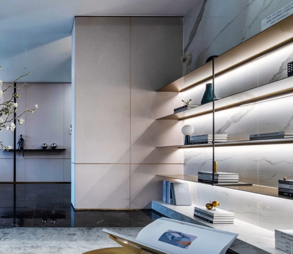 Contemporary Elegant Study Neutral Tones Soft Lighting Open Shelving