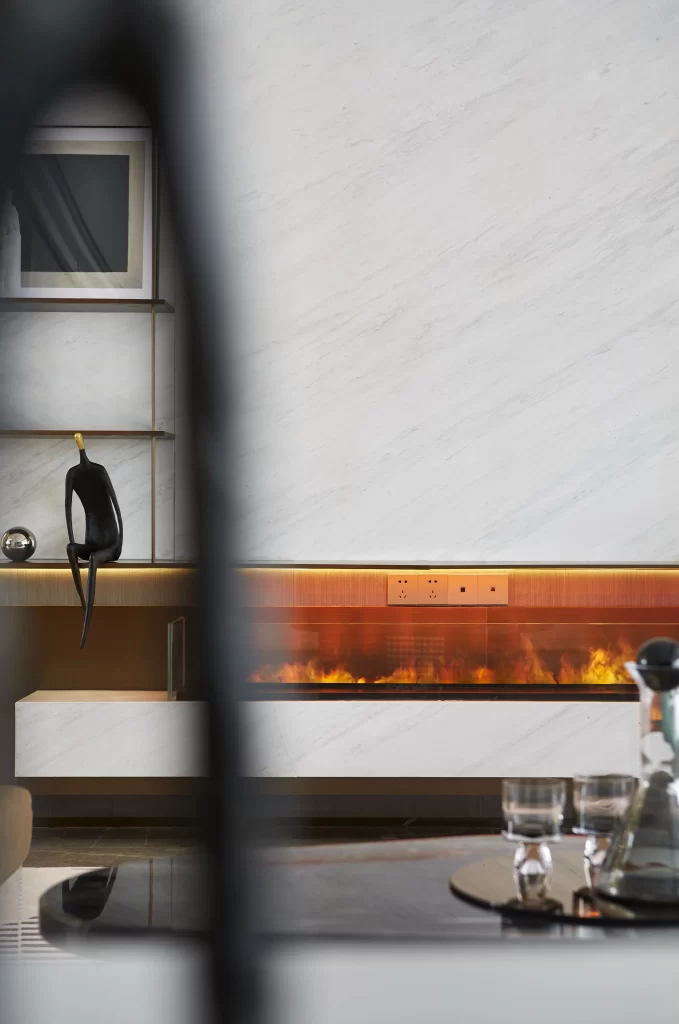 Contemporary Fireplace Neutral Tones Glass Accents Artistic