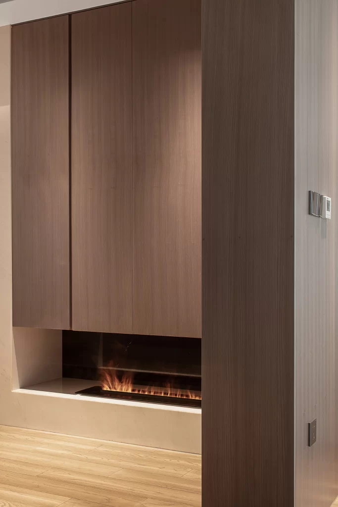 Contemporary Fireplace Neutral Tones Wood Paneling Linear Design