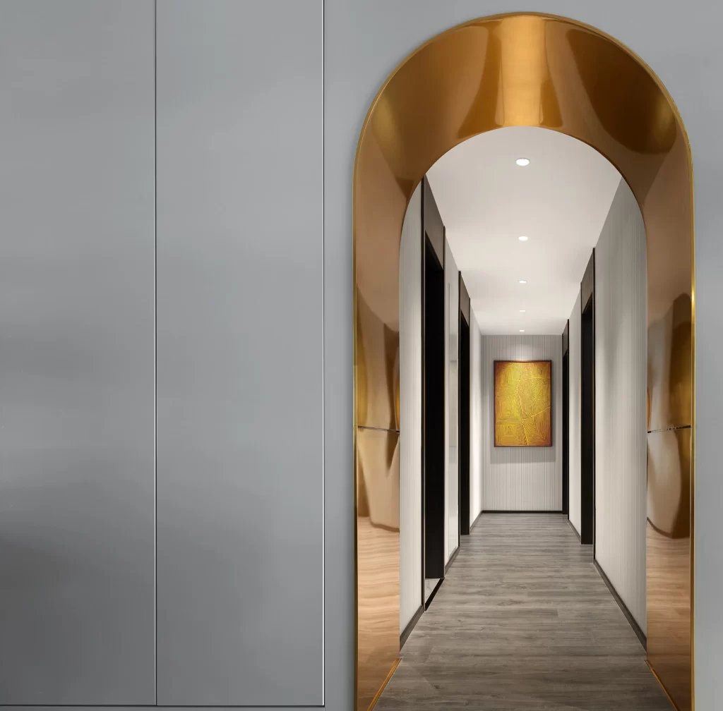 Contemporary Hallway Neutral Gray Gold Accents Artistic Lighting