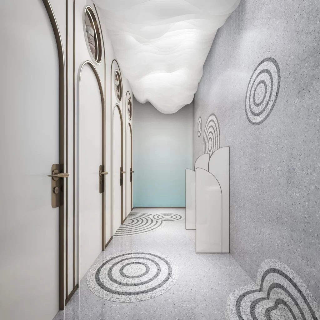 Contemporary Hallway White Neutral Geometric Patterns Soft Lighting