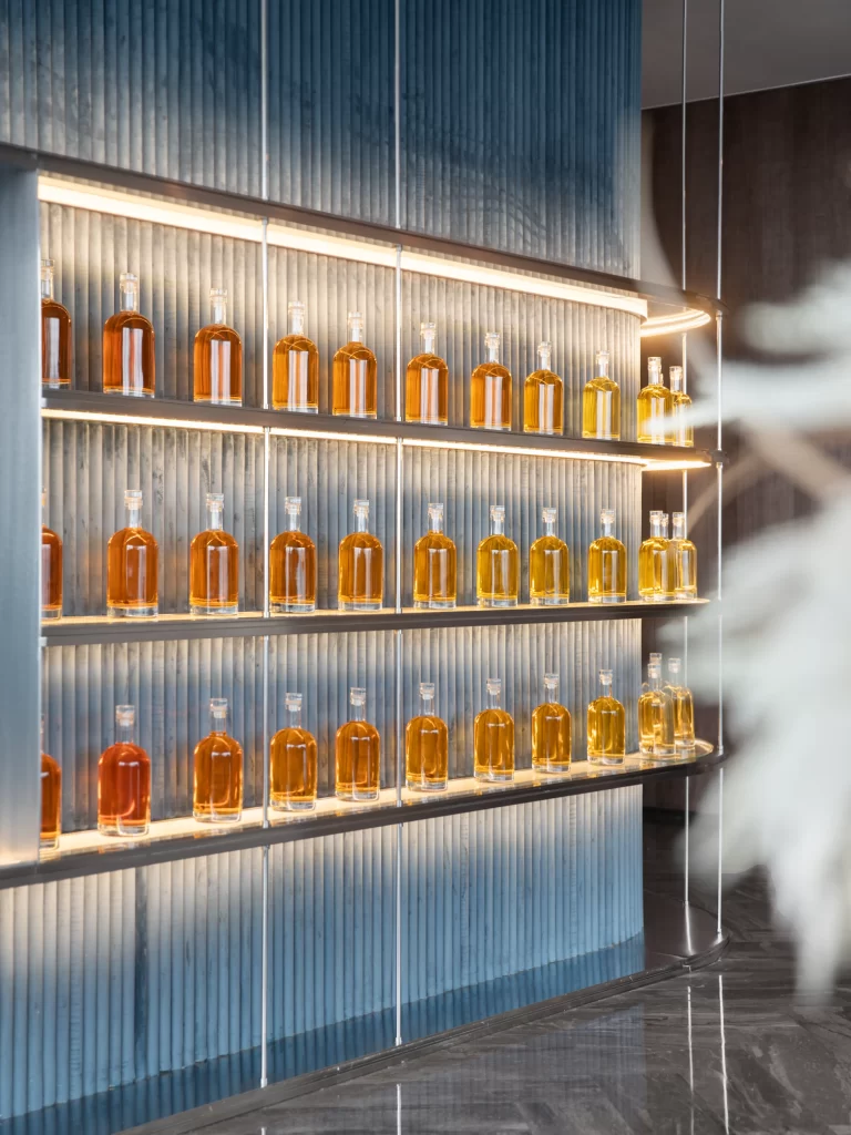 Contemporary Industrial Bar Blue Neutral Glass Display