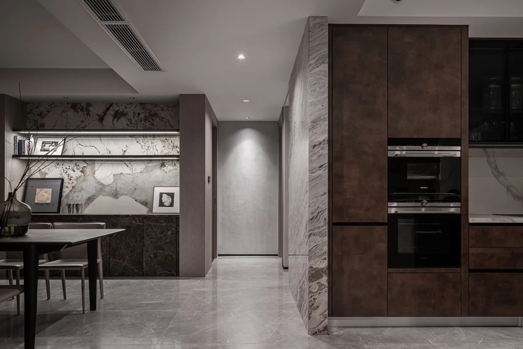Contemporary Kitchen Dark Wood Neutral Tones Marble Accents